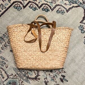 Straw beach tote with genuine leather shoulder straps